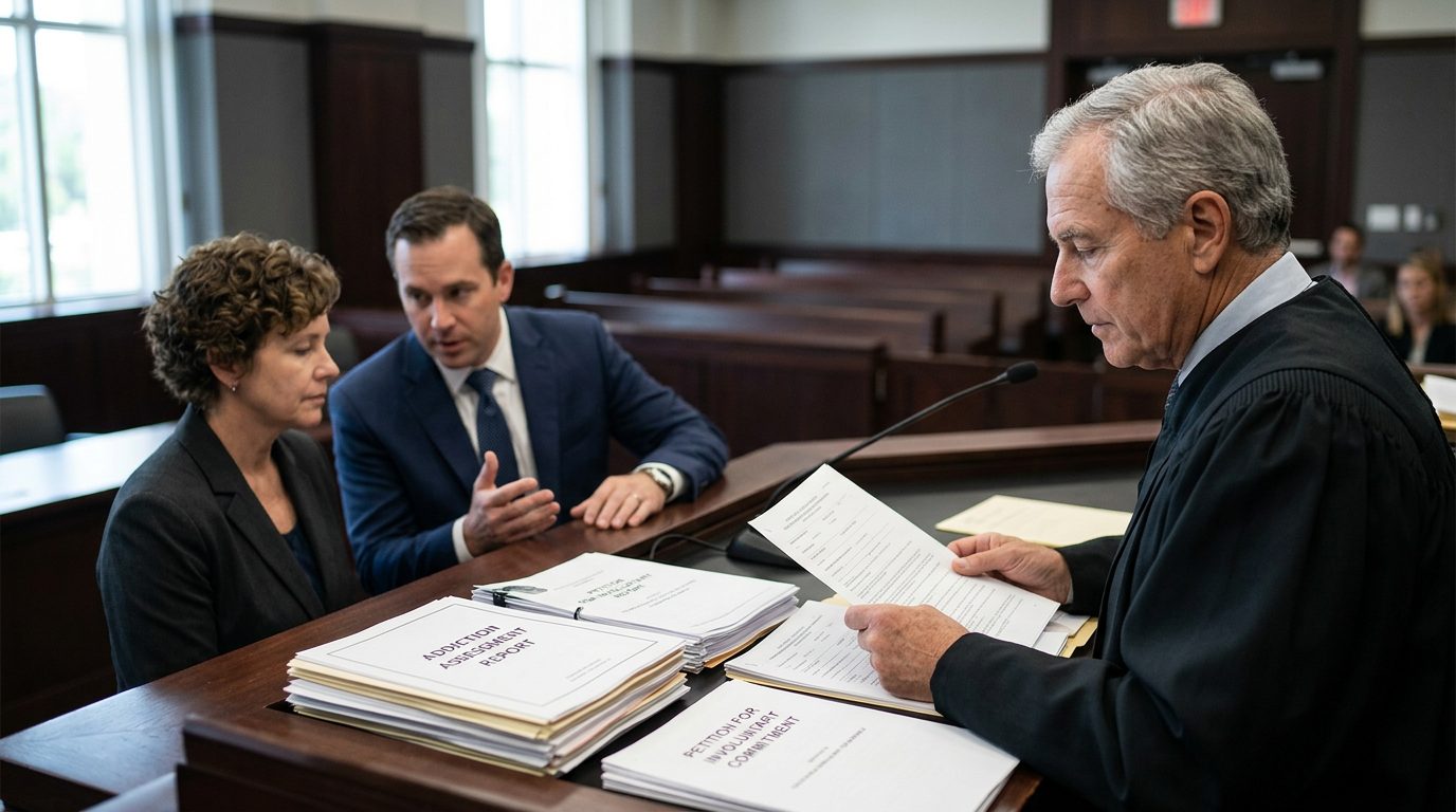 Judge reviewing involuntary commitment petition documents during a Marchman Act hearing in courtroom.