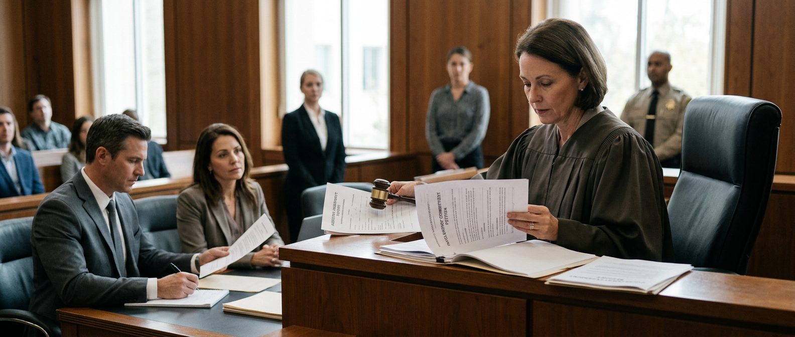 Judge reviewing involuntary commitment petition documents during a Marchman Act hearing in courtroom.