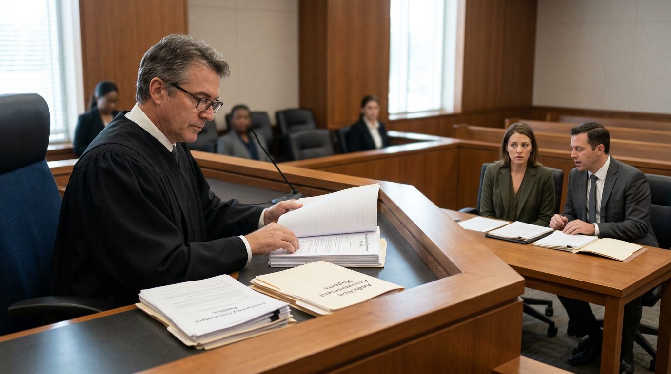 Judge reviewing involuntary commitment petition documents during a Marchman Act hearing in courtroom.