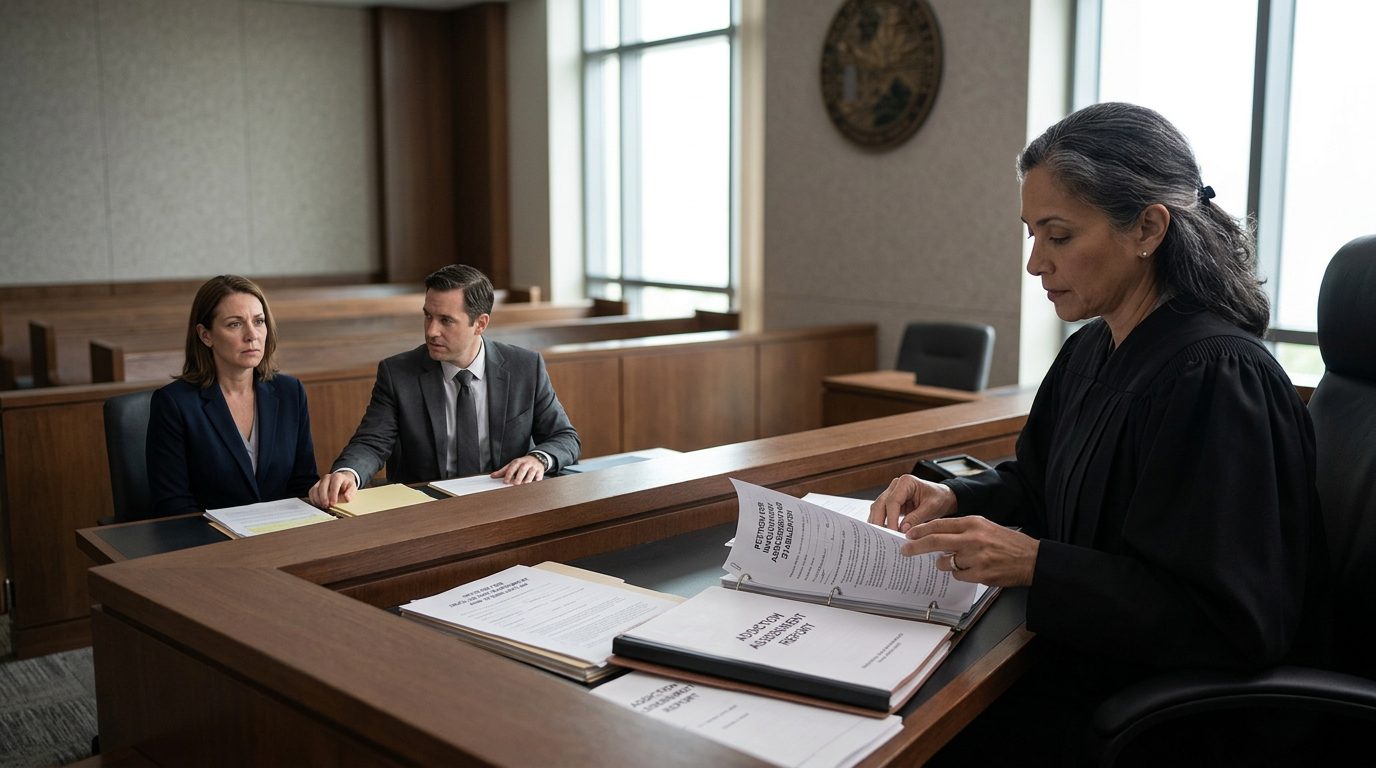 Judge reviewing involuntary commitment petition documents during a Marchman Act hearing in courtroom.