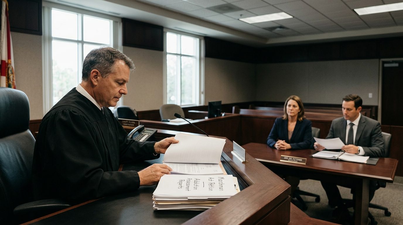 Judge reviewing involuntary commitment petition documents during a Marchman Act hearing in courtroom.