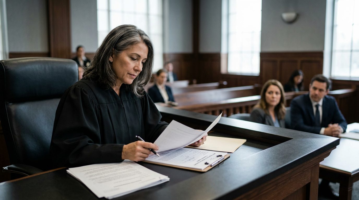 Judge reviewing involuntary commitment petition documents during a Marchman Act hearing in courtroom.