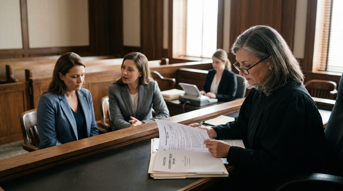 Judge reviewing involuntary commitment petition documents during a Marchman Act hearing in courtroom.