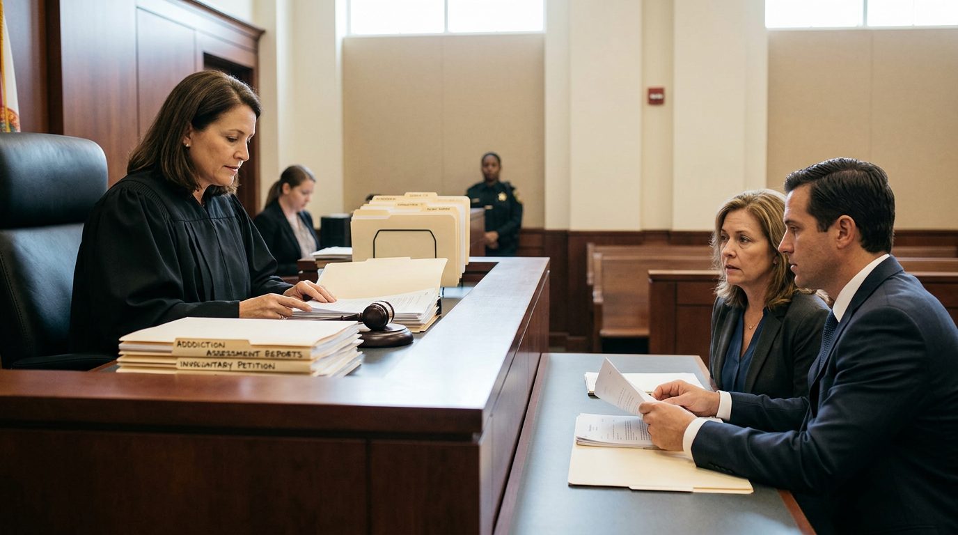 Judge reviewing involuntary commitment petition documents during a Marchman Act hearing in courtroom.