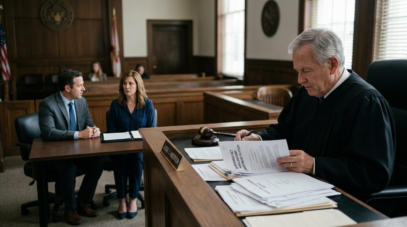 Judge reviewing involuntary commitment petition documents during a Marchman Act hearing in Florida courtroom.