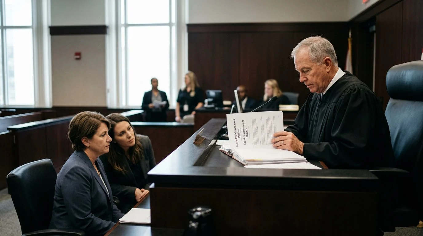 Judge reviewing involuntary commitment petition documents during a Marchman Act hearing in courtroom.