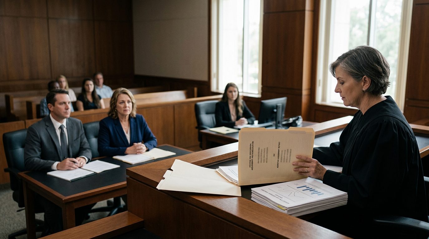 Judge reviewing involuntary commitment petition documents during a Marchman Act hearing in courtroom.