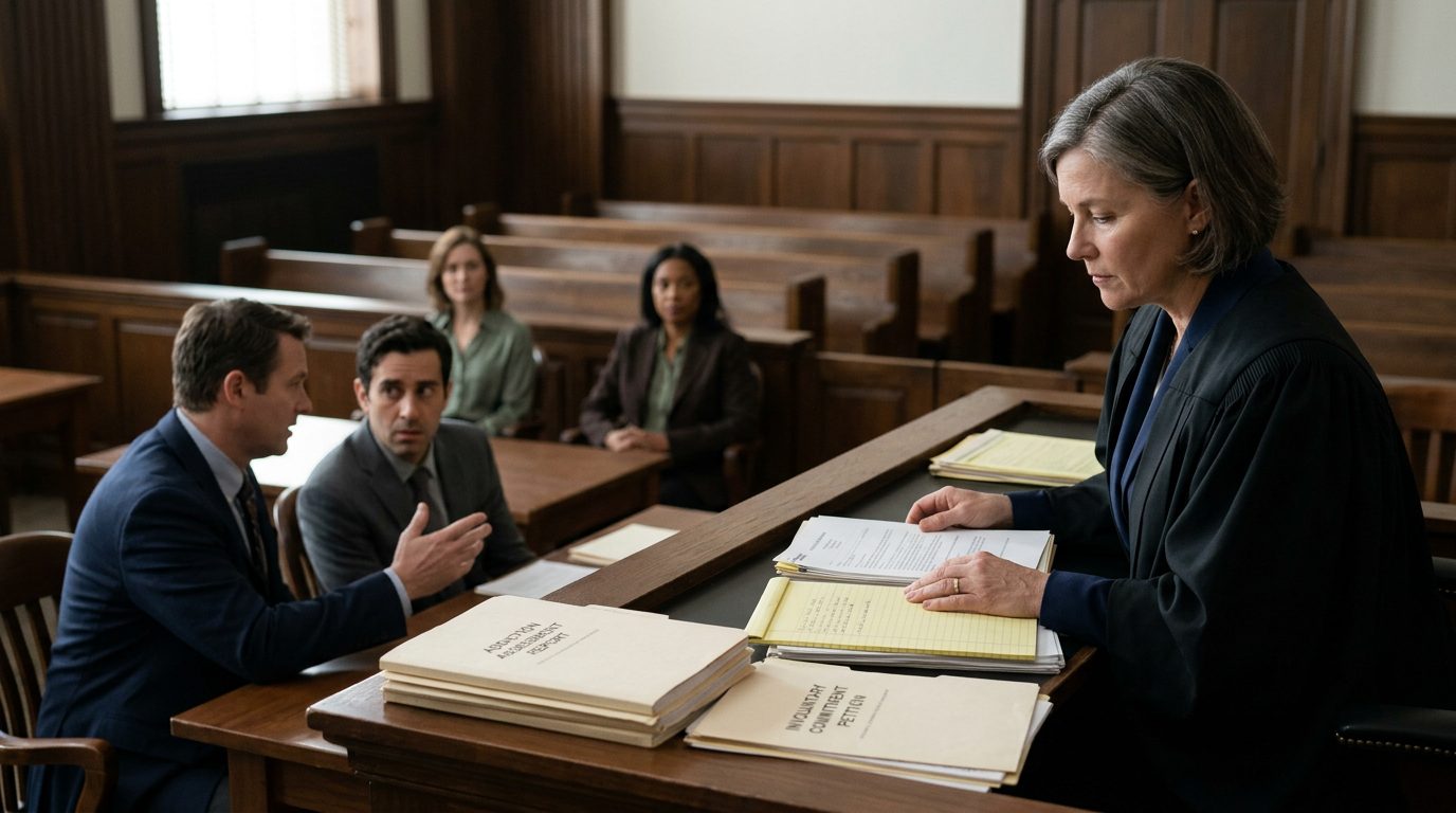 Judge reviewing involuntary commitment petition documents during Marchman Act hearing in courtroom.