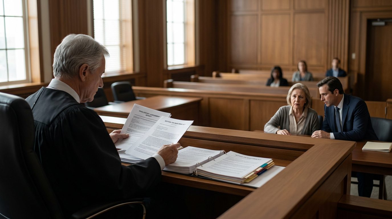 Judge reviewing involuntary commitment petition documents during a Marchman Act hearing in Florida courtroom.