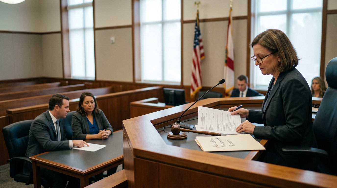 Judge reviewing involuntary commitment petition documents during a Marchman Act hearing in Florida courtroom.