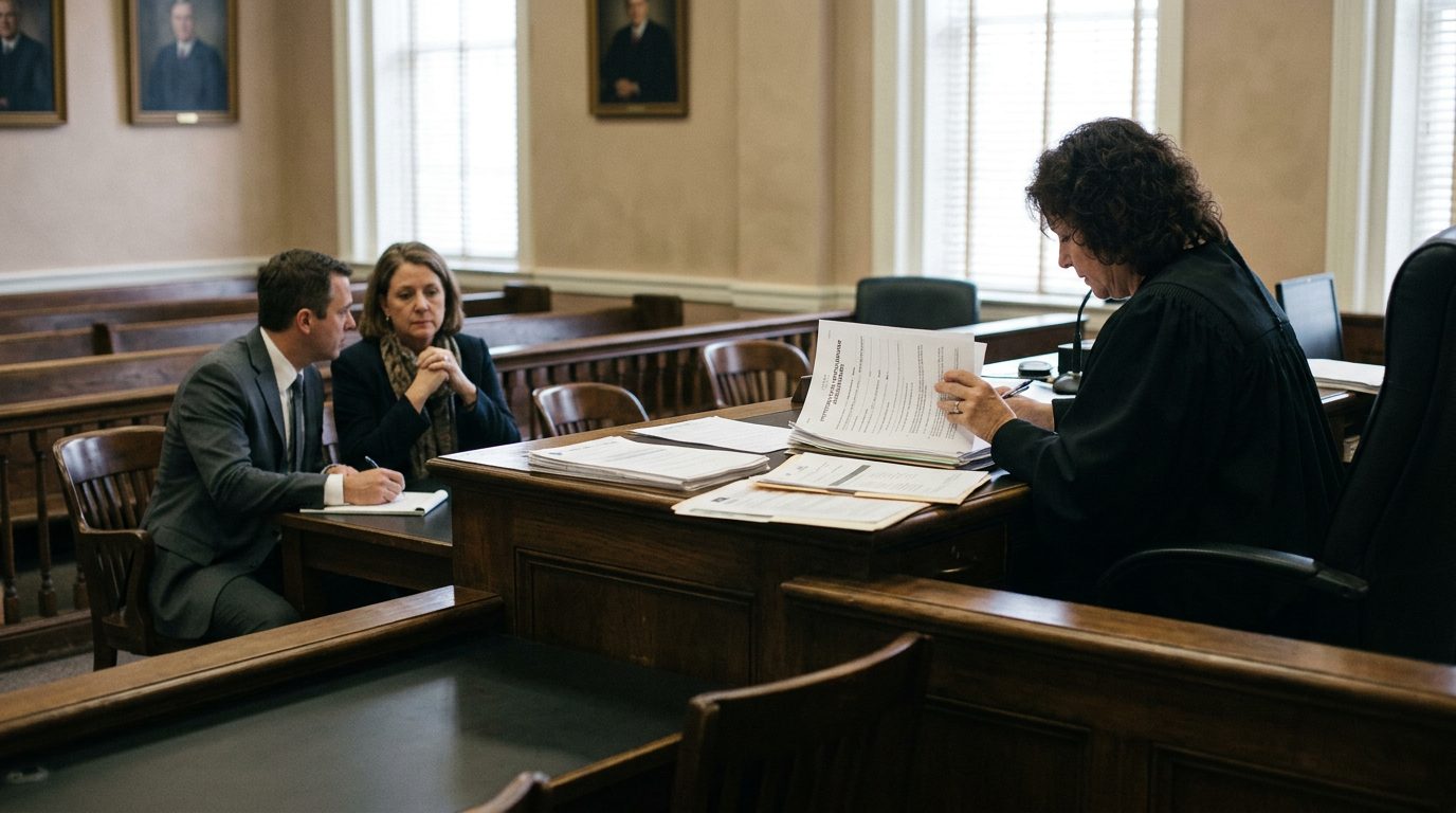 Judge reviewing involuntary commitment petition documents during a Marchman Act hearing for addiction intervention.