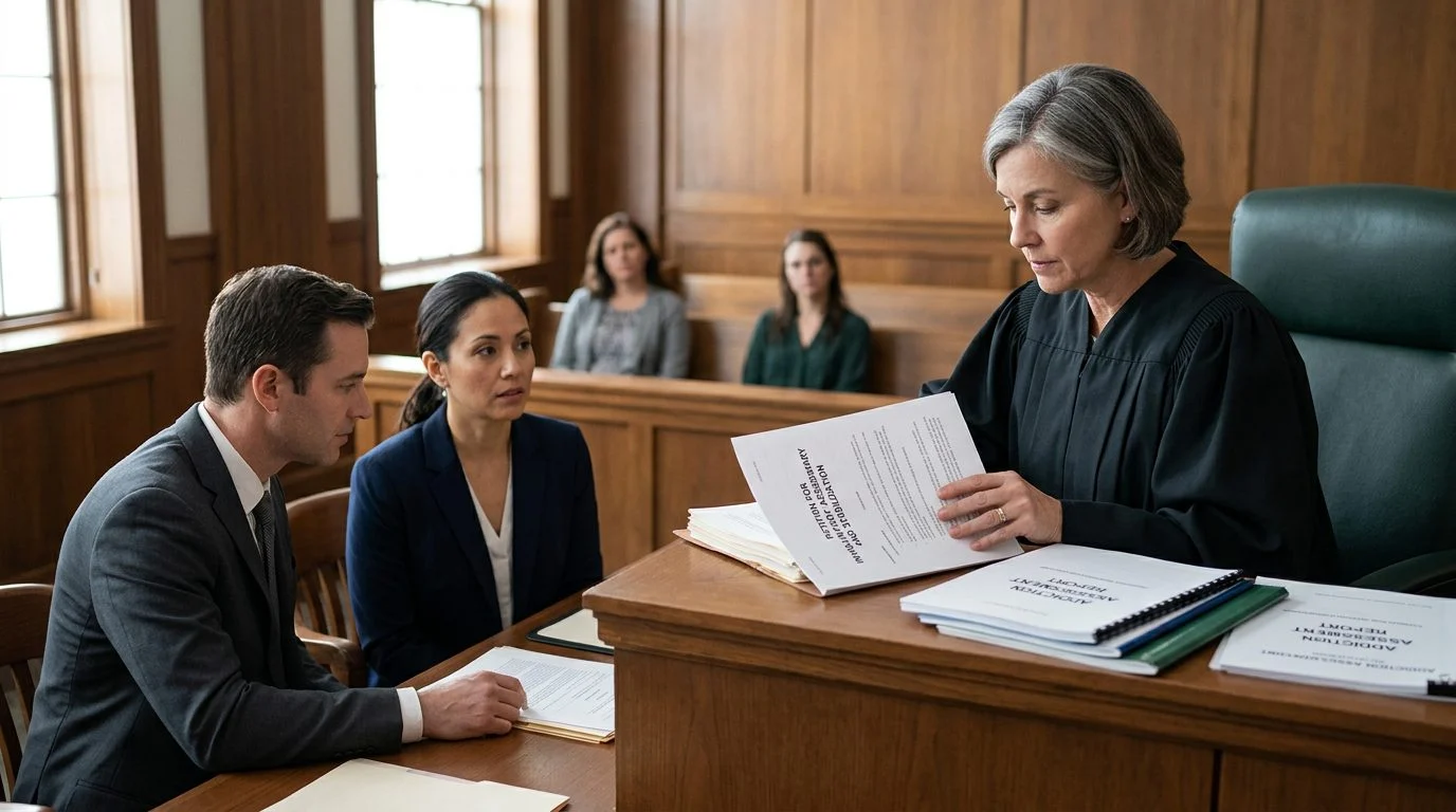 Judge reviewing involuntary commitment petition documents during a Marchman Act hearing.