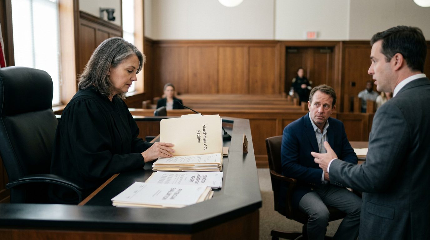 Judge reviewing involuntary commitment petition documents during Marchman Act hearing in courtroom.