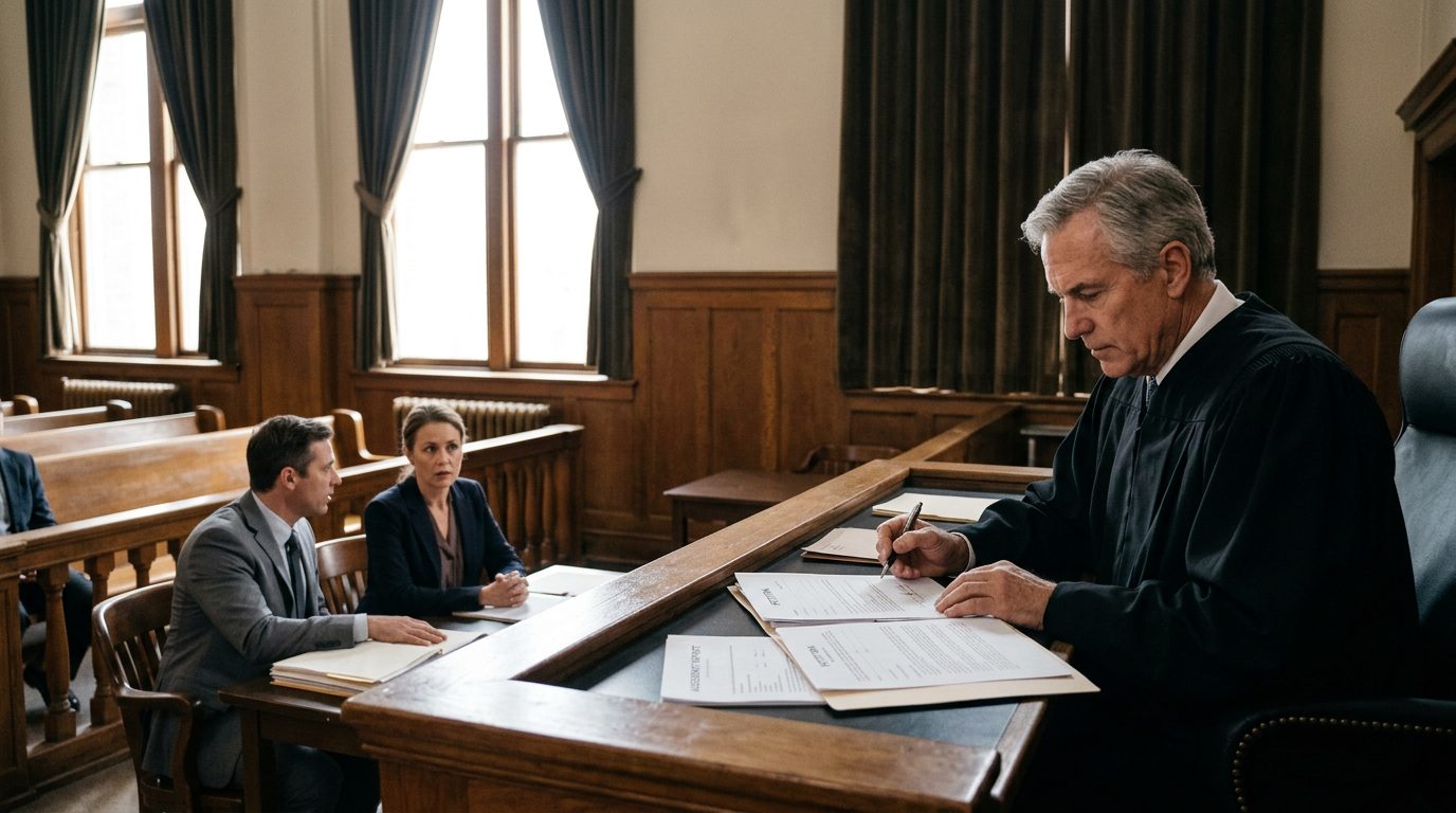 Judge reviewing involuntary commitment petition documents during a Marchman Act hearing in courtroom.