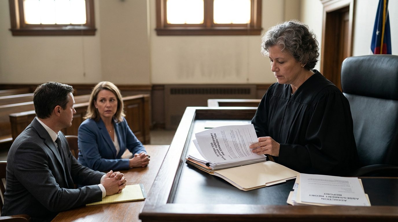 Judge reviewing involuntary commitment petition documents during a Marchman Act hearing in Florida courtroom.