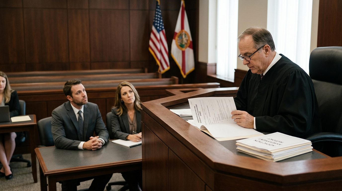 Judge reviewing involuntary commitment petition documents in a Florida courtroom, with counsel and the petitioner present during a Marchman Act