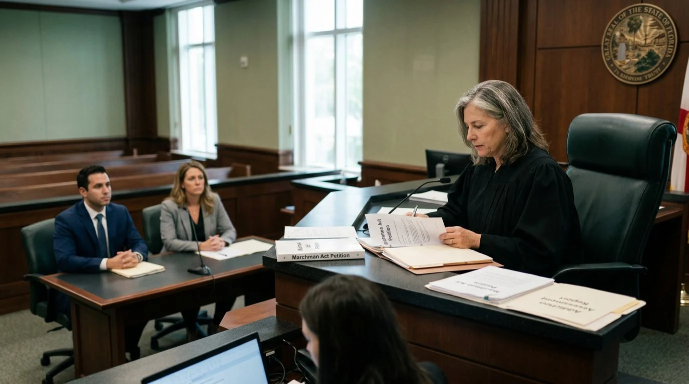 Judge reviewing involuntary commitment petition documents in a Miami-Dade courtroom during a Marchman Act hearing, with the petitioner and counsel