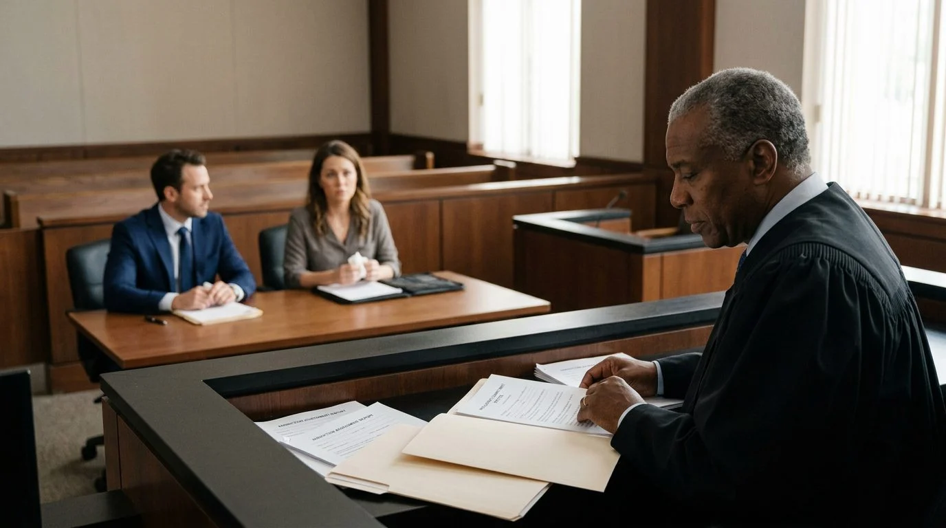 Judge reviewing involuntary commitment petition documents in a Florida courtroom while the petitioner sits with counsel.