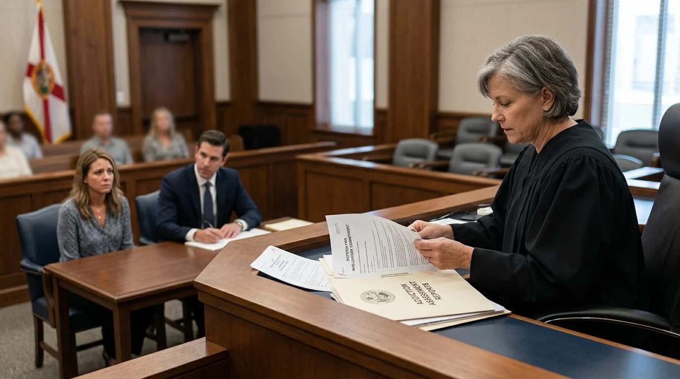 Judge reviewing involuntary commitment petition documents in a Florida courtroom during a Marchman Act hearing, with the petitioner and counsel