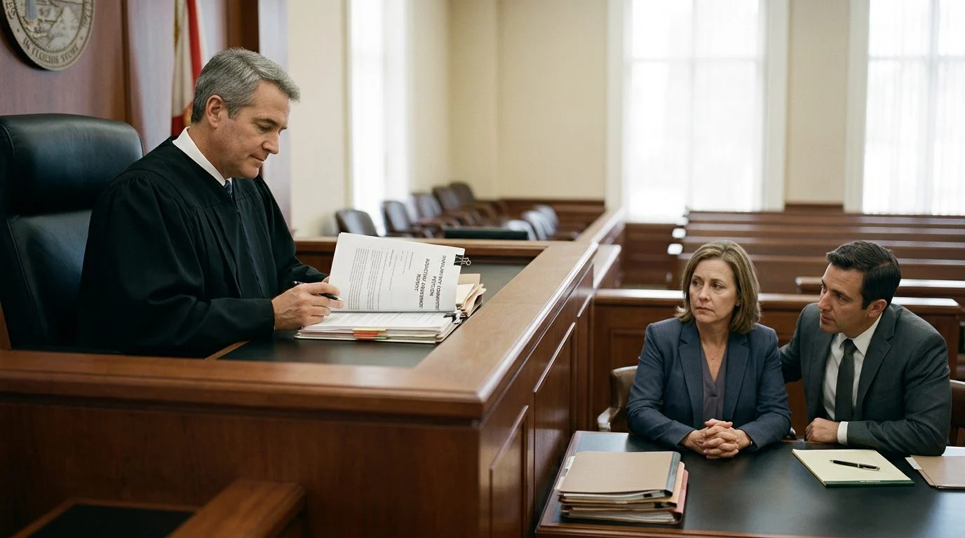 Judge reviewing involuntary commitment petition documents in a Florida courtroom during a Marchman Act hearing, with counsel and the petitioner