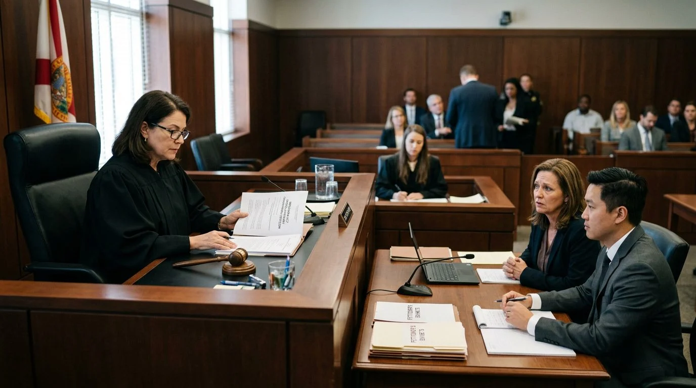 Juez revisando documentos de una petición de internamiento involuntario en una sala de tribunal de Florida, con el abogado y el solicitante frente al