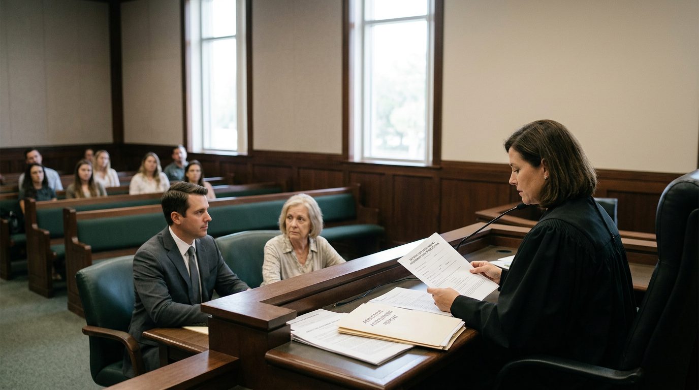 Judge reviewing involuntary commitment petition documents in a Florida courtroom during a Marchman Act hearing.