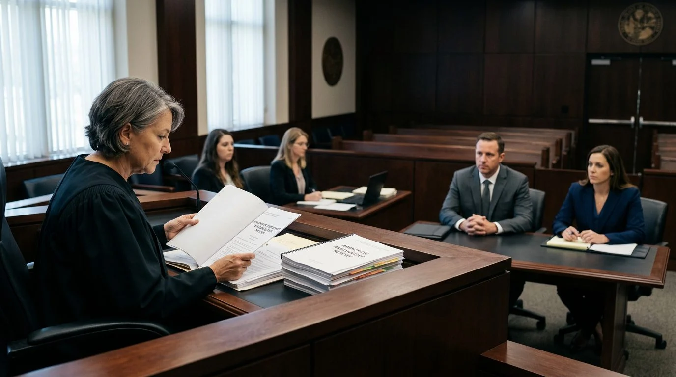 Judge reviewing involuntary commitment petition documents with counsel and the petitioner in a Florida courtroom during a Marchman Act hearing.