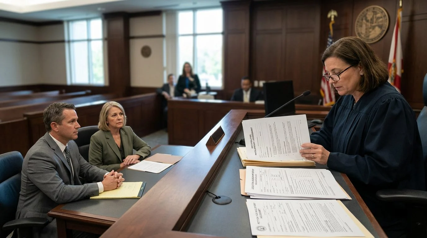 Judge reviewing involuntary commitment petition documents with counsel and the petitioner in a Florida courtroom during a Marchman Act hearing.