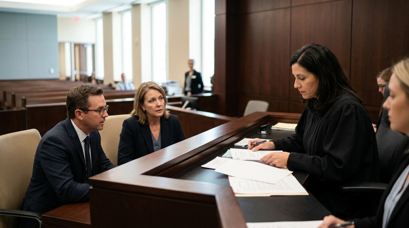 Judge reviewing involuntary commitment petition documents with counsel and the petitioner present in a Florida courtroom.