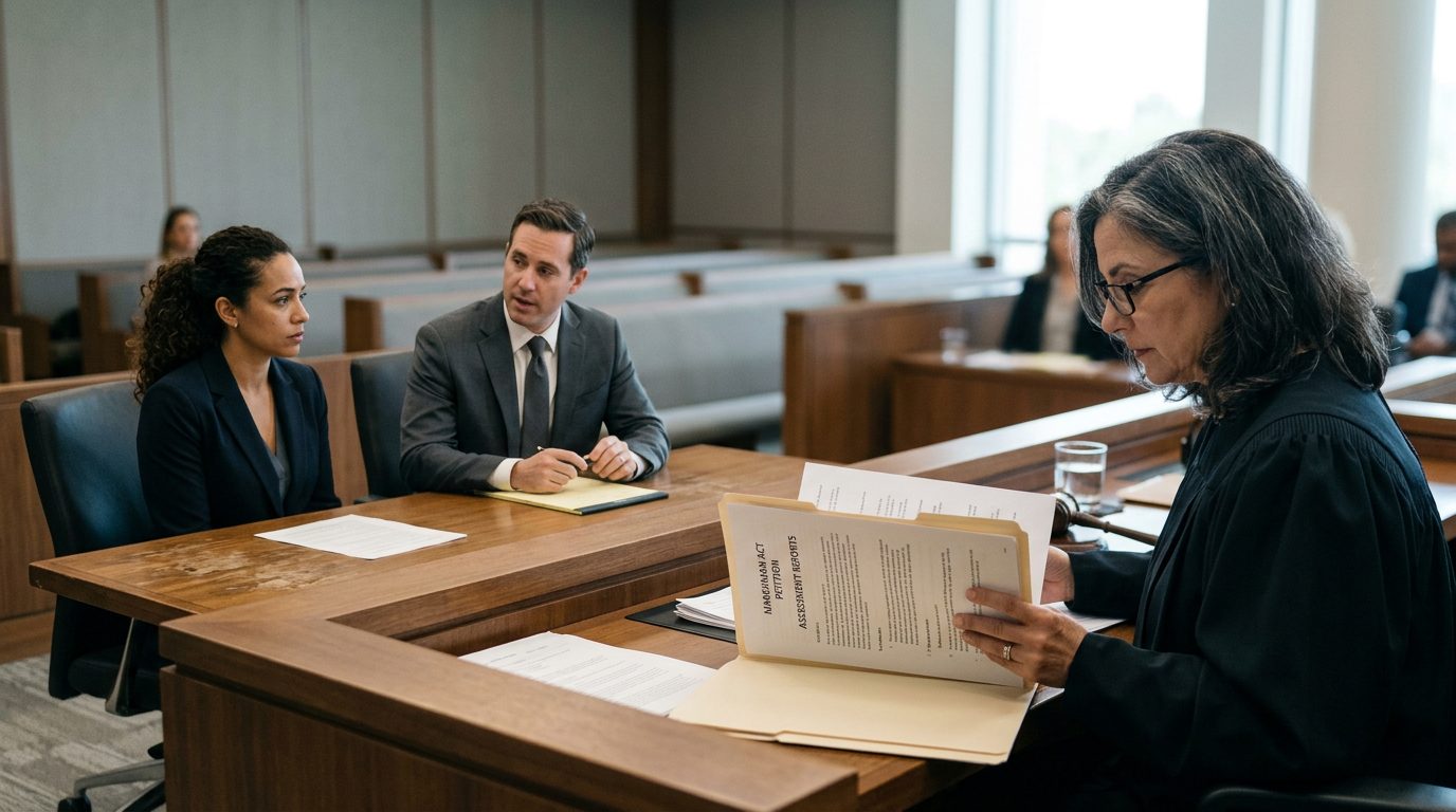 Judge reviewing involuntary commitment petition papers in a Florida courtroom, with the petitioner and counsel present.