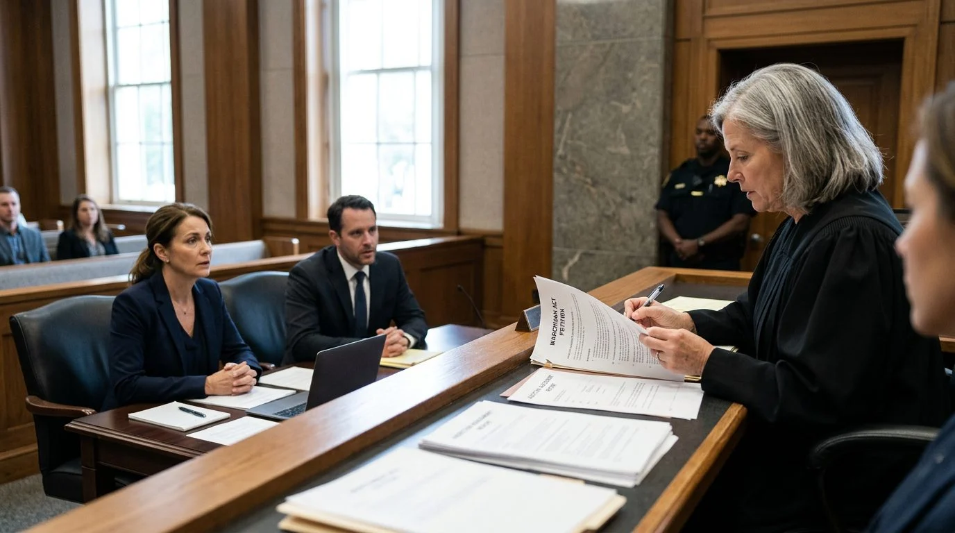 Judge reviewing involuntary commitment petition papers in a Florida courtroom while a petitioner sits with counsel during a Marchman Act hearing.