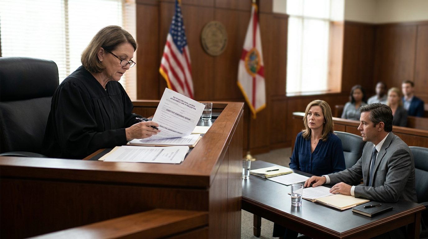 Judge reviewing involuntary commitment petition papers in a courtroom while the petitioner sits with counsel.
