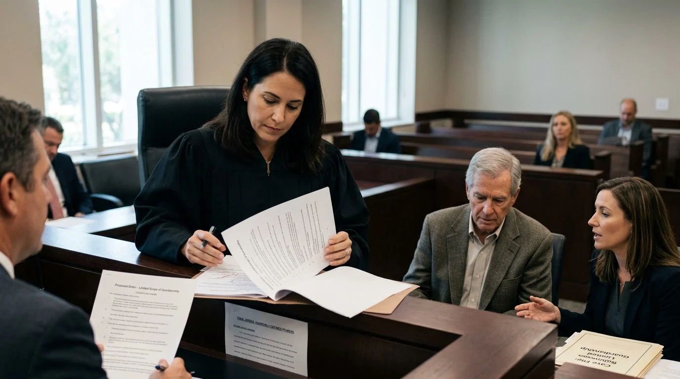 Judge reviewing limited guardianship scope documents during South Florida court hearing.