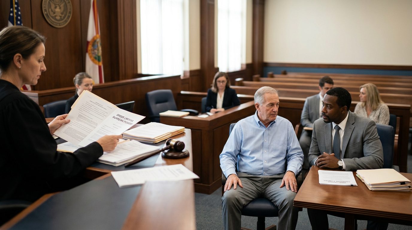Judge reviewing limited guardianship scope documents with defendant and legal counsel present in courtroom.