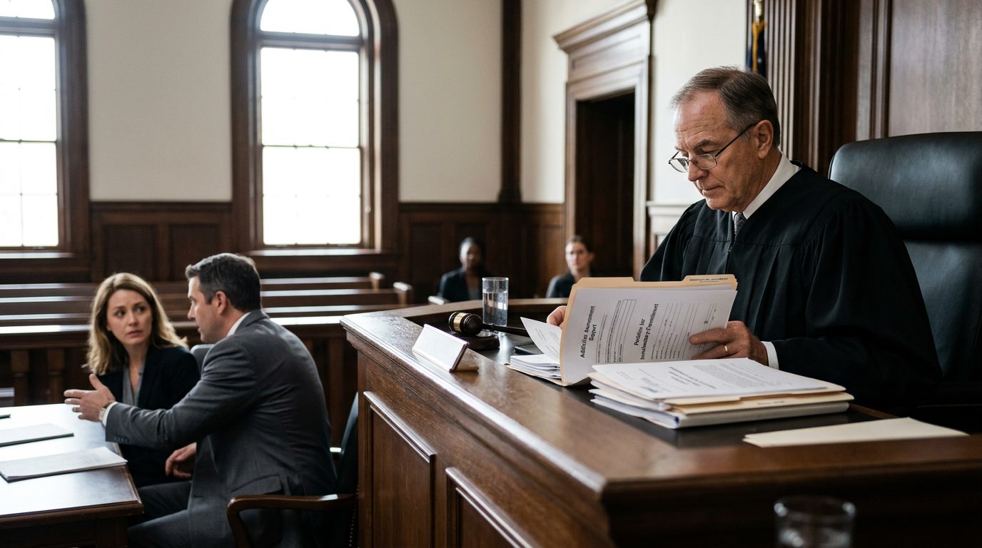 Judge reviewing Marchman Act involuntary commitment petition documents in courtroom.