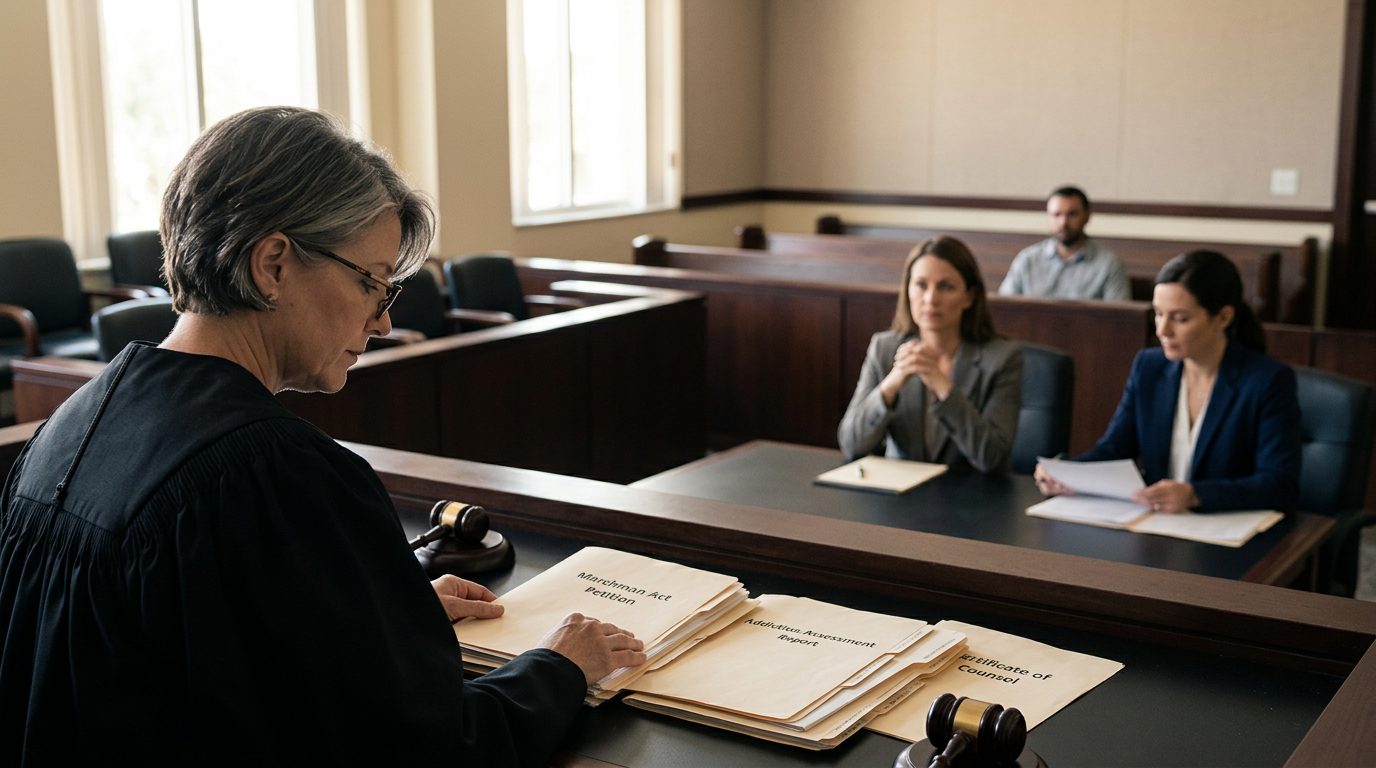 Judge reviewing Marchman Act involuntary commitment petition documents in Florida courtroom.