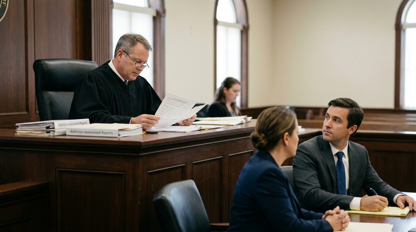 Judge reviewing Marchman Act involuntary commitment petition documents in courtroom with counsel present.