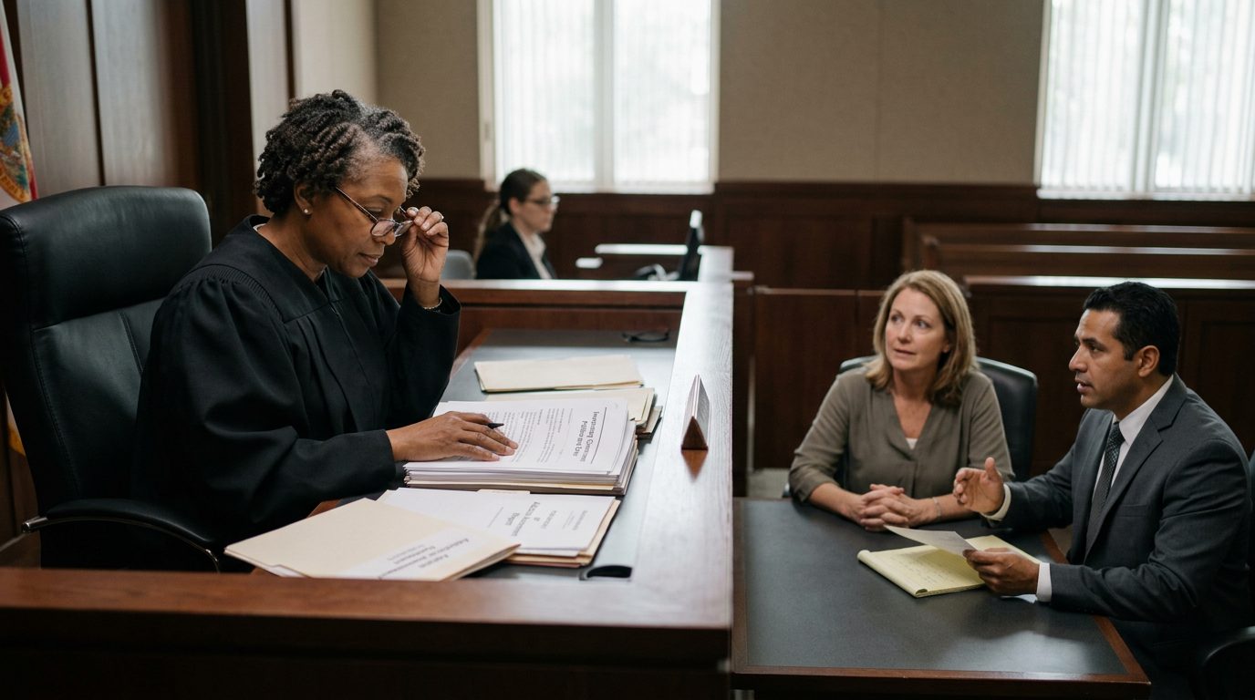 Judge reviewing Marchman Act involuntary commitment petition documents in courtroom with petitioner and counsel present.