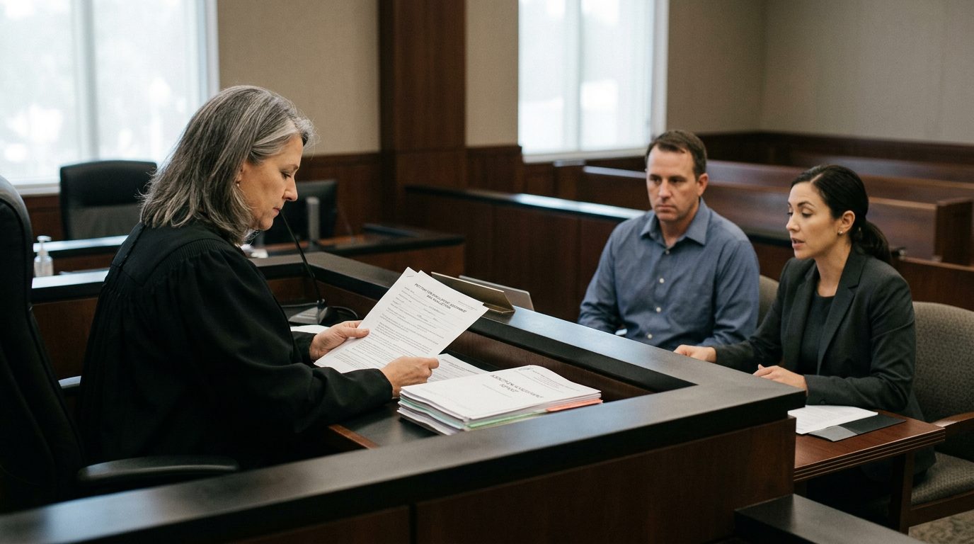Judge reviewing Marchman Act involuntary commitment petition documents during hearing with attorney and petitioner present.
