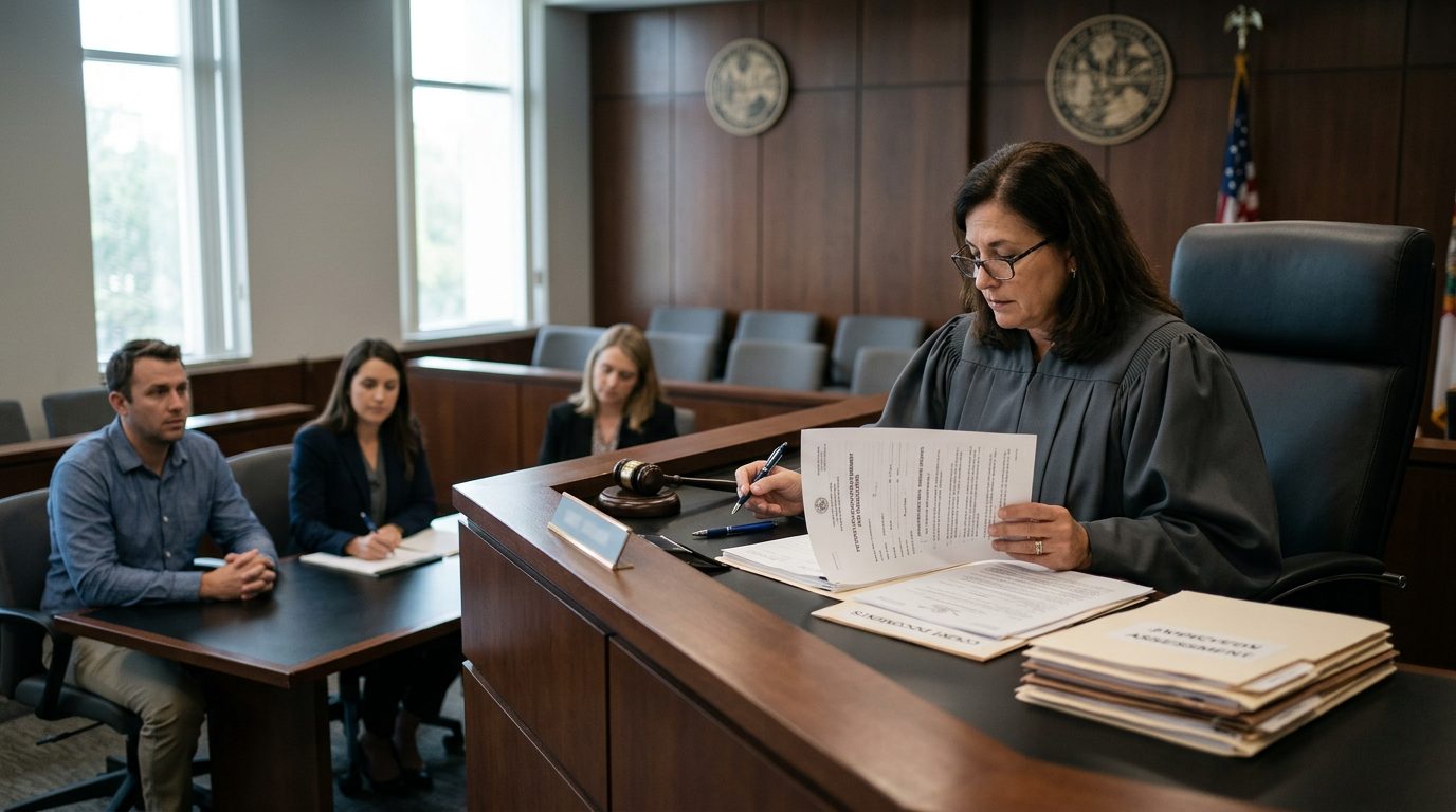Judge reviewing Marchman Act involuntary commitment petition documents in Florida courtroom with counsel present.