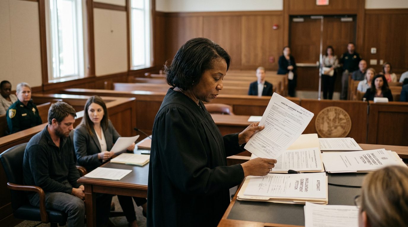 Judge reviewing Marchman Act involuntary commitment petition documents in Florida courtroom.