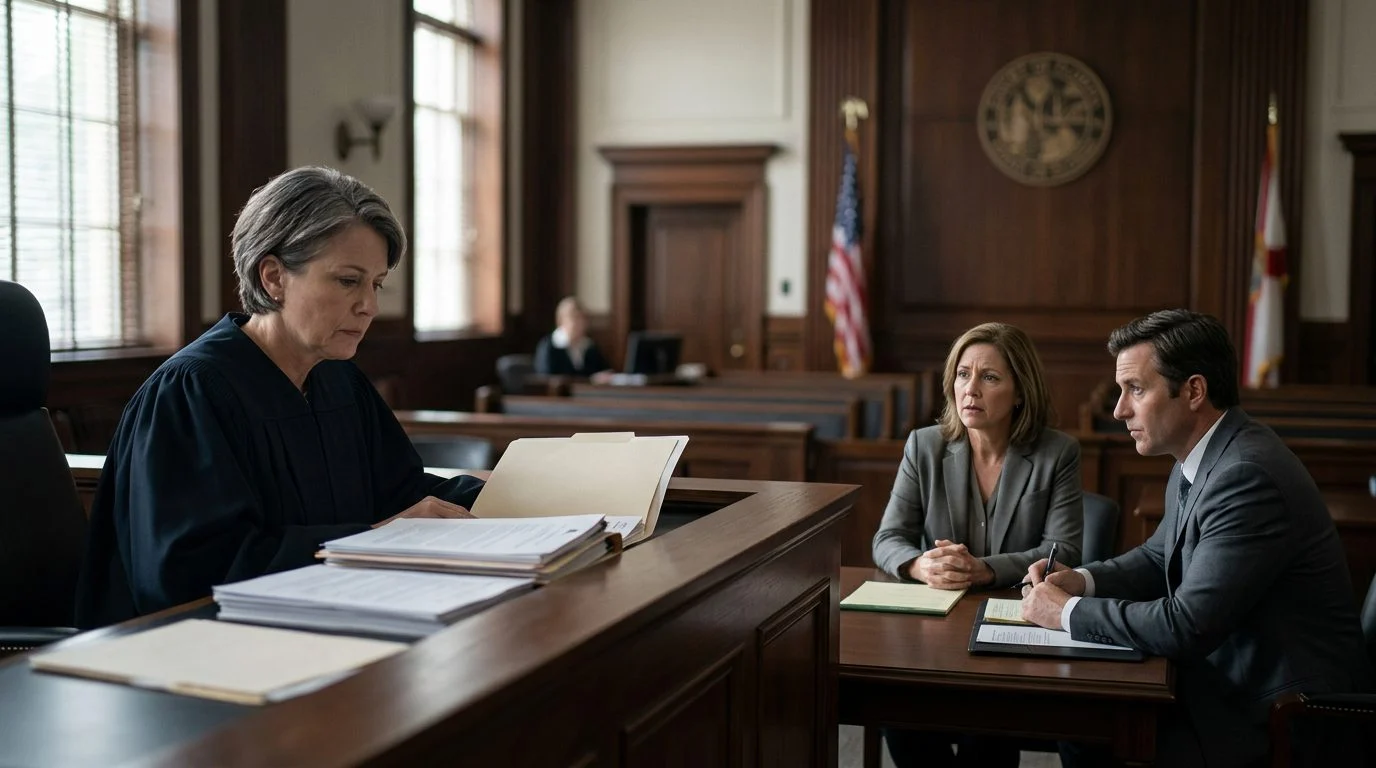 Judge reviewing Marchman Act involuntary commitment petition documents in Florida courtroom.