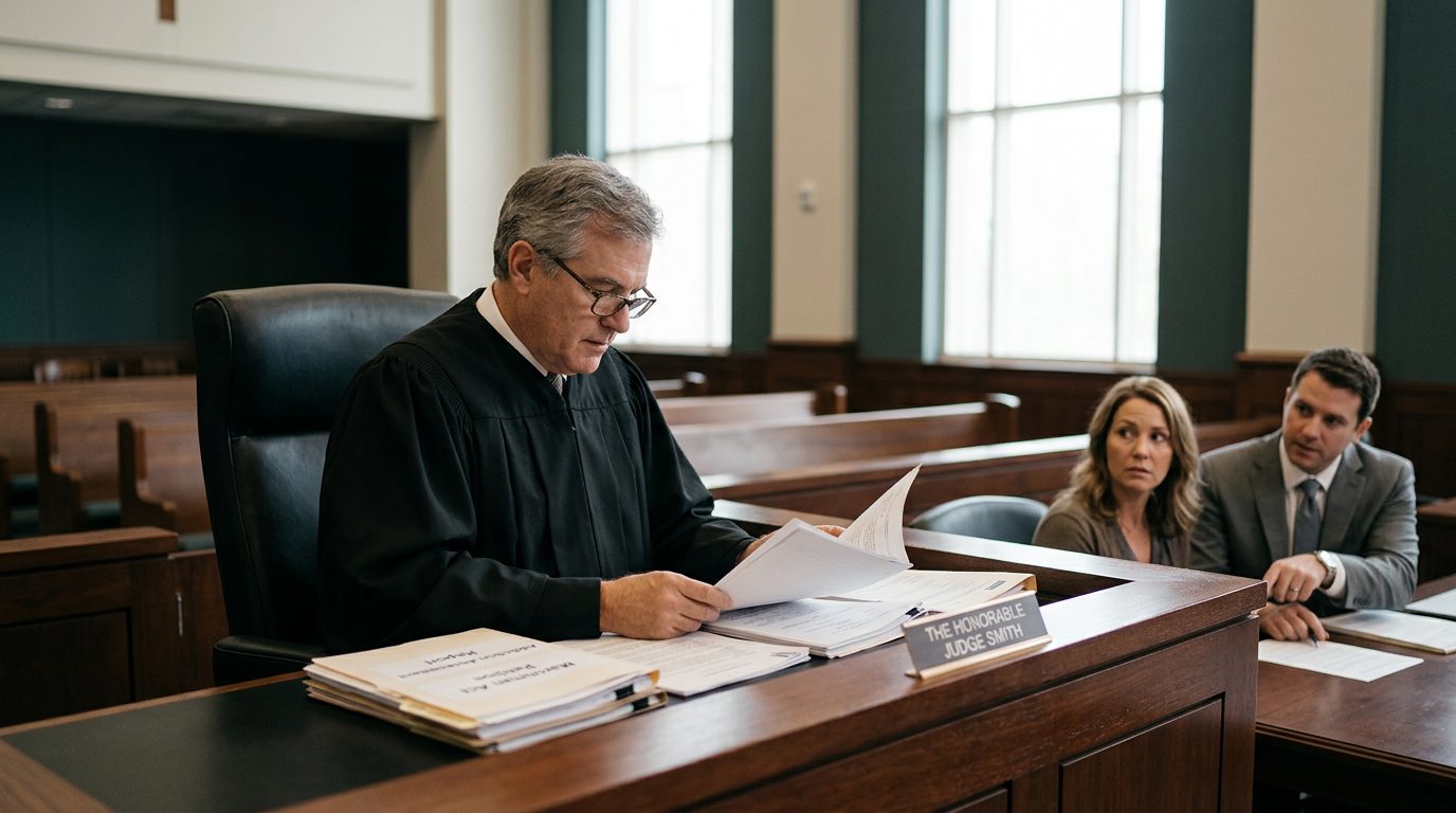 Judge reviewing Marchman Act involuntary commitment petition documents in Florida courtroom.