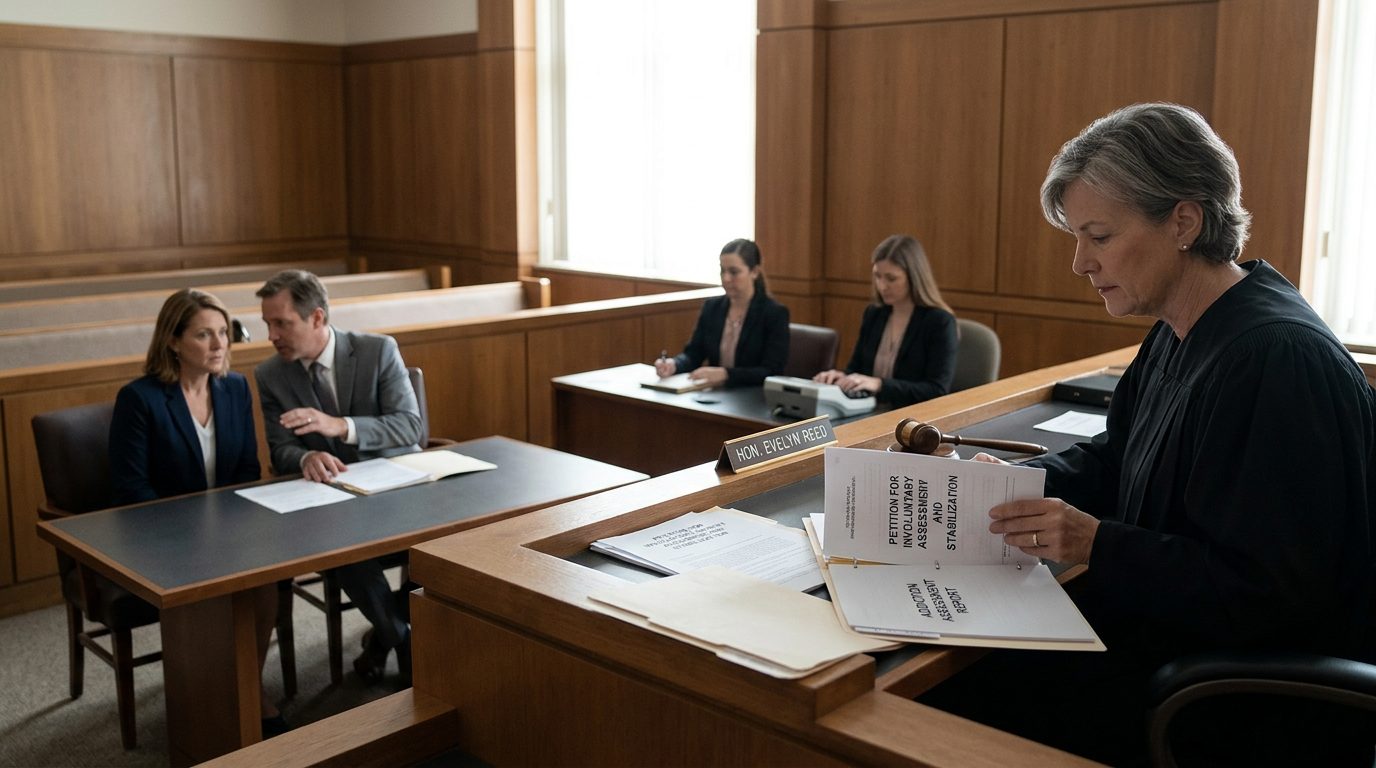 Judge reviewing Marchman Act involuntary commitment petition documents in Florida courtroom.