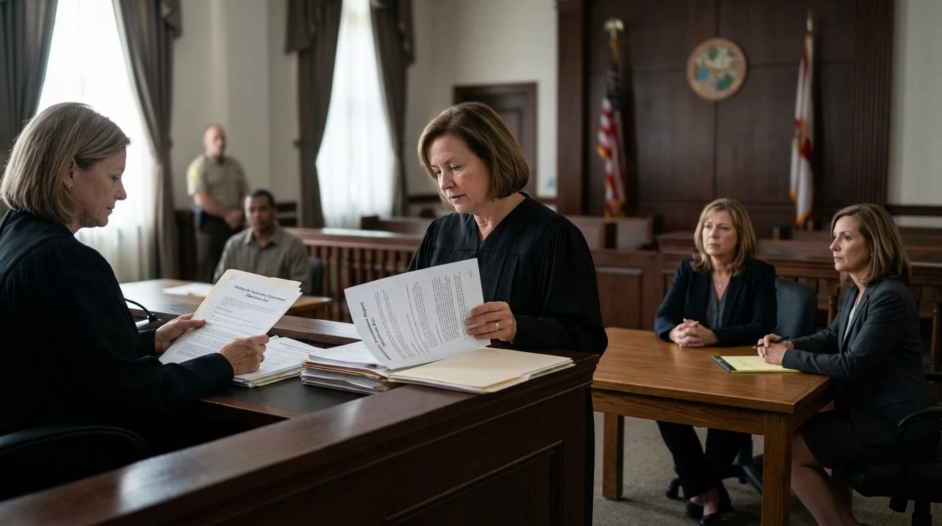 Judge reviewing Marchman Act involuntary commitment petition documents in courtroom with attorney and assessment reports.