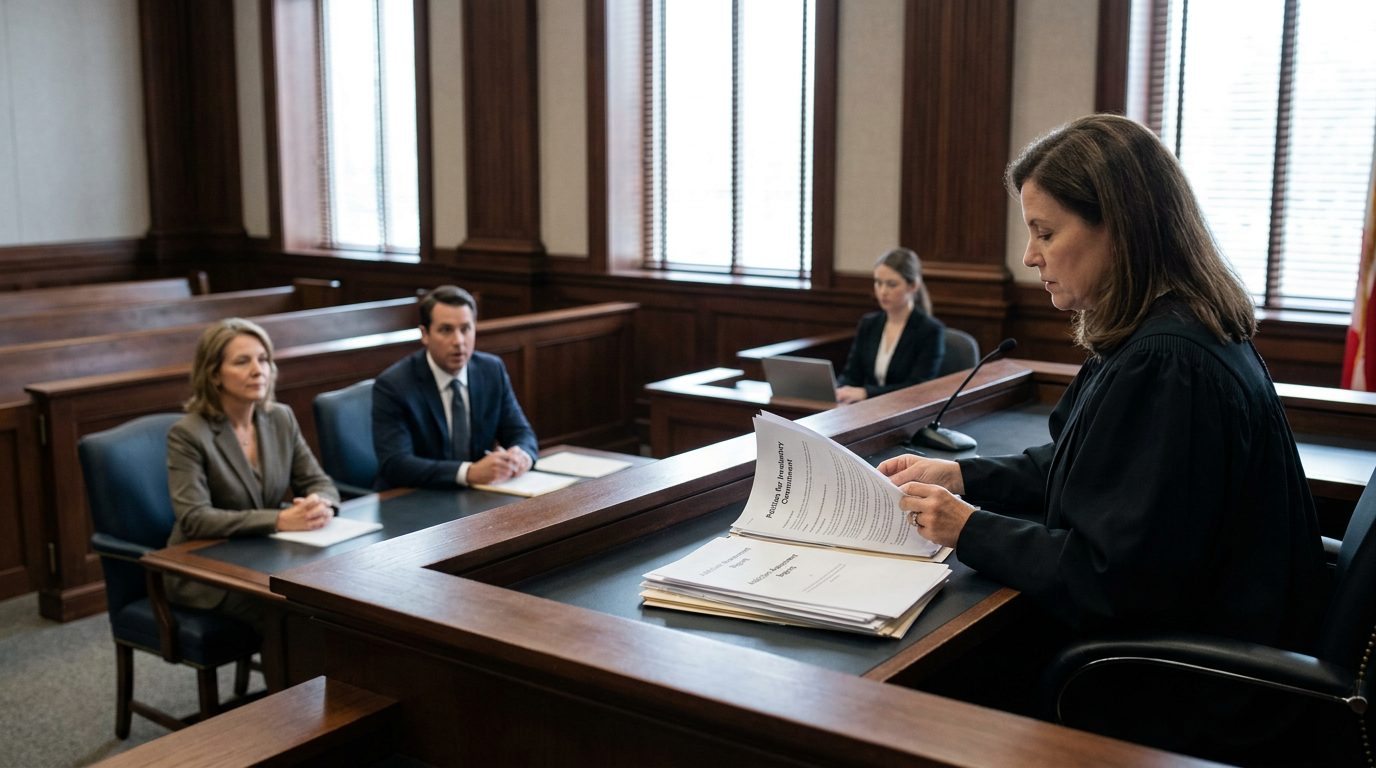 Judge reviewing Marchman Act involuntary commitment petition documents in courtroom during hearing.