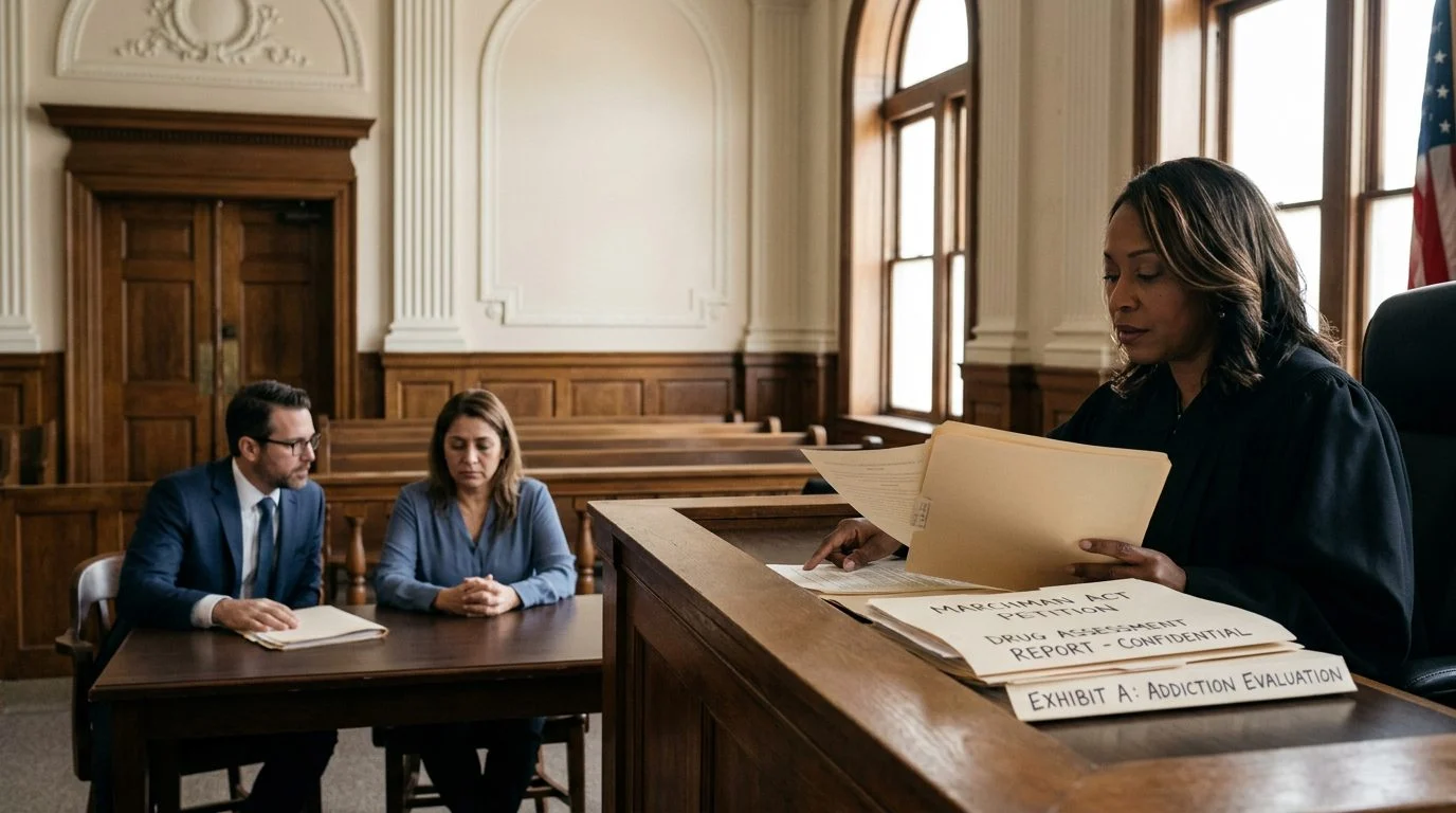 Judge reviewing petition documents at the bench while a petitioner sits with counsel in a Miami courtroom.