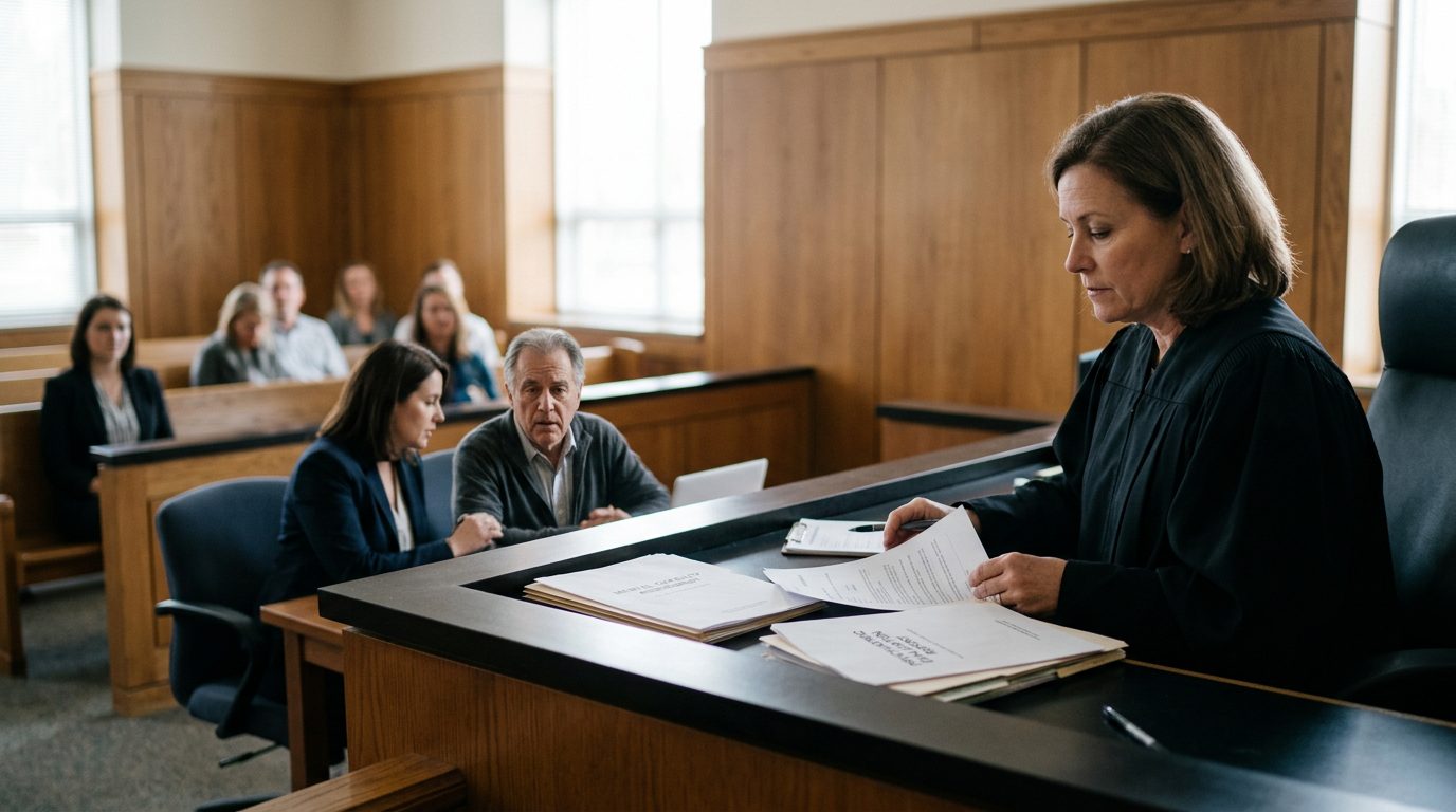 Judge reviewing psychiatric evaluation reports during a mental health guardianship hearing.