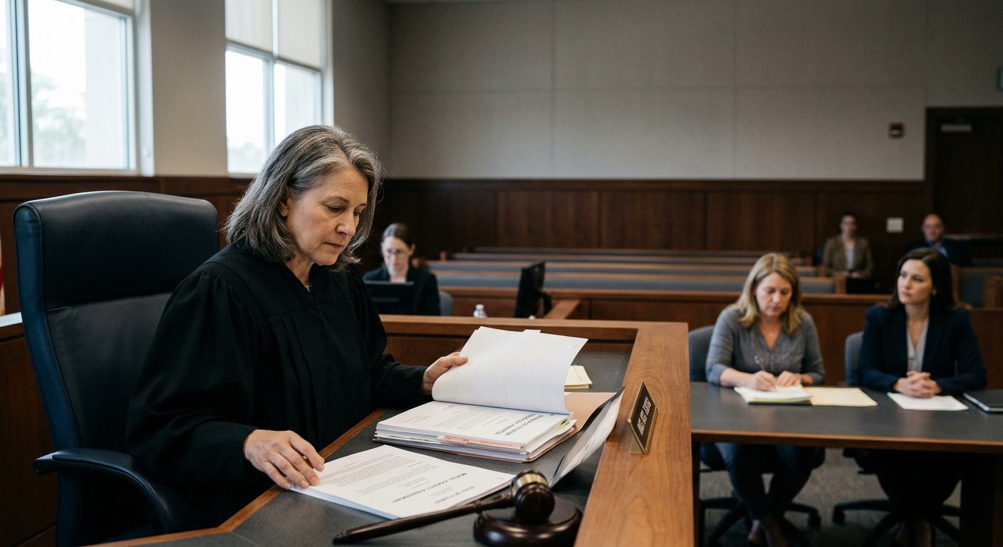 Judge reviewing psychiatric evaluation reports during mental health guardianship hearing in courtroom.