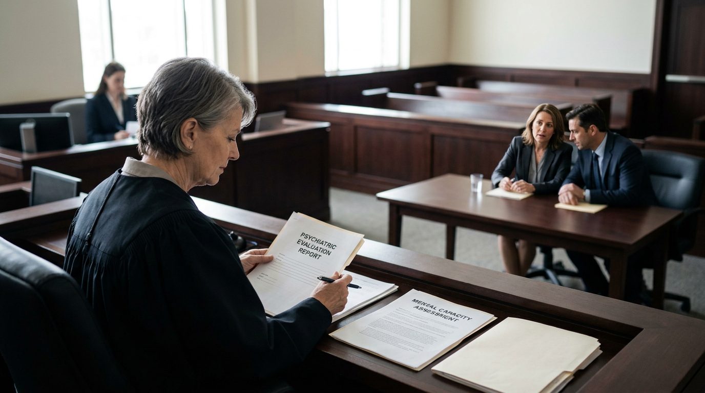 Judge reviewing psychiatric evaluation reports during mental health guardianship hearing in courtroom.